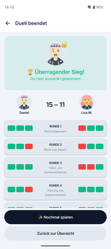 App-Screenshot auf dem Handy: „Duell beendet“ mit der Meldung „Überragender Sieg!“, dem Endstand 15 – 11 gegen Lisa M. und der Liste aller Runden mit Kategorie und richtig oder falsch je Frage