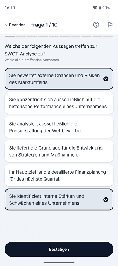 App-Screenshot: Multiple-Choice-Frage mit Mehrfachauswahl – mehrere Optionen sind gleichzeitig angekreuzt