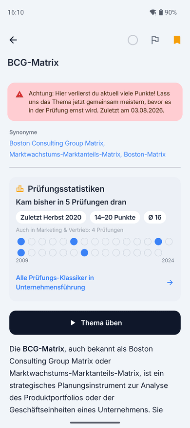 App-Screenshot: Glossar-Artikel „BCG-Matrix“ – oben der rote Hinweis „Achtung: Hier verlierst du aktuell viele Punkte“, darunter die Synonyme, die Karte „Prüfungsstatistiken“ und der Knopf „Thema üben“, dann der Artikeltext
