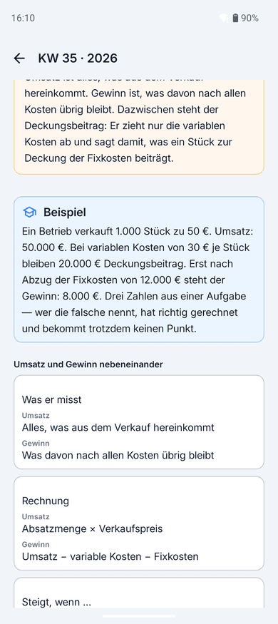 App-Screenshot auf dem Handy: die Gegenüberstellung von Umsatz und Gewinn als Karten untereinander – je Karte ein Merkmal mit beiden Werten