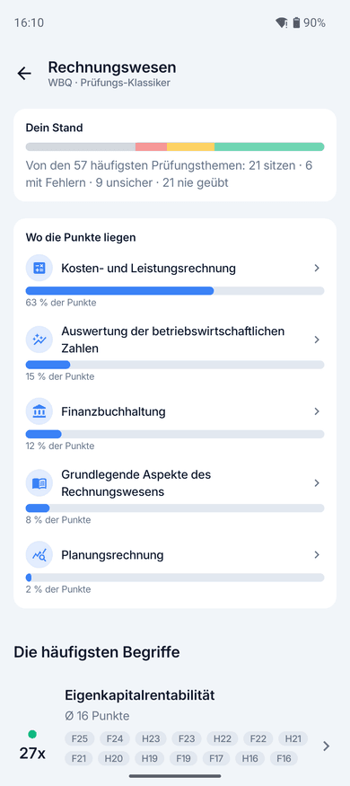 App-Screenshot: der Prüfungsbereich Rechnungswesen in den Prüfungs-Klassikern – oben „Dein Stand“ mit farbigem Balken, darunter die Themenfelder mit ihrem Anteil an den Punkten