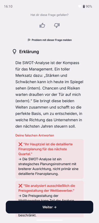 App-Screenshot: Auflösung einer falsch beantworteten Frage – unter „Deine falschen Antworten“ steht zu jeder gewählten Option ein eigener Hinweis