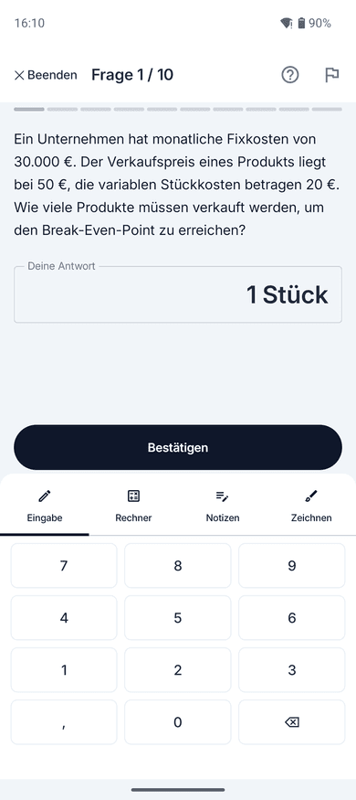 App-Screenshot auf dem Handy: Rechenaufgabe zum Break-Even-Point mit Eingabefeld, Tastenfeld, Rechner-, Notiz- und Zeichenfunktion