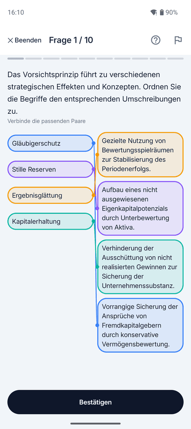 App-Screenshot auf dem Handy: Zuordnungsaufgabe zum Thema Vorsichtsprinzip – „Das Vorsichtsprinzip führt zu verschiedenen strategischen Effekten und Konzepten.“