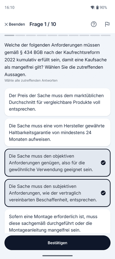 App-Screenshot auf dem Handy: Frage mit Mehrfachauswahl zum Thema Sachmangel – „Welche der folgenden Anforderungen müssen gemäß § 434 BGB nach der Kaufrechtsreform 2022 kumulativ erfüllt sein,…“
