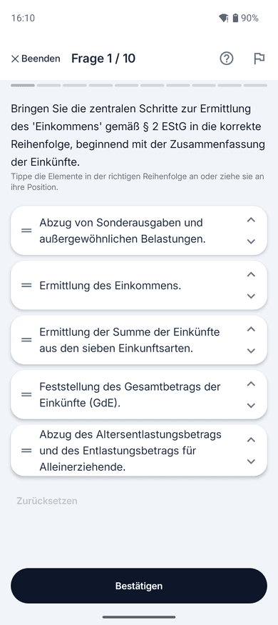 App-Screenshot auf dem Handy: Sortieraufgabe zum Thema Zu versteuerndes Einkommen (zvE) – „Bringen Sie die zentralen Schritte zur Ermittlung des 'Einkommens' gemäß § 2 EStG in die korrekte Reihenfolge,…“