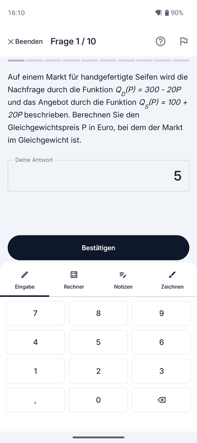 App-Screenshot auf dem Handy: Rechenaufgabe zum Thema Marktgleichgewicht – „Auf einem Markt für handgefertigte Seifen wird die Nachfrage durch die Funktion $Q_D(P) = 300 - 20P$ und das Angebot…“