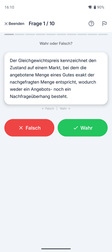 App-Screenshot auf dem Handy: Wahr-oder-Falsch-Aufgabe zum Thema Gleichgewichtspreis – „Der Gleichgewichtspreis kennzeichnet den Zustand auf einem Markt, bei dem die angebotene Menge eines Gutes exakt der…“