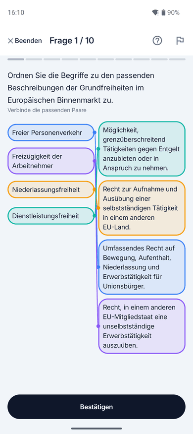 App-Screenshot auf dem Handy: Zuordnungsaufgabe zum Thema Freier Personenverkehr – „Ordnen Sie die Begriffe zu den passenden Beschreibungen der Grundfreiheiten im Europäischen Binnenmarkt zu.“