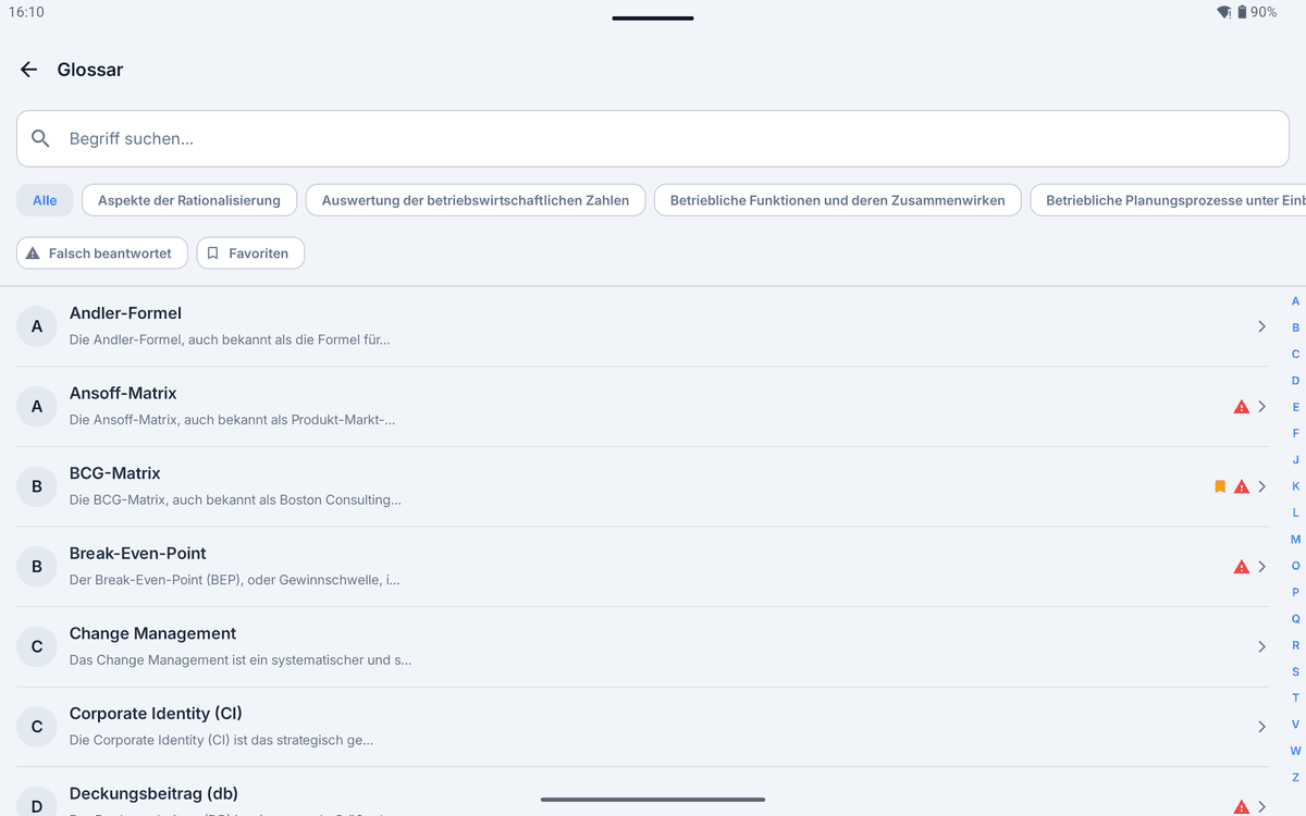 App-Screenshot im Querformat: Glossar-Übersicht mit Suchfeld, Kategoriefiltern und mehreren rot markierten Problemthemen