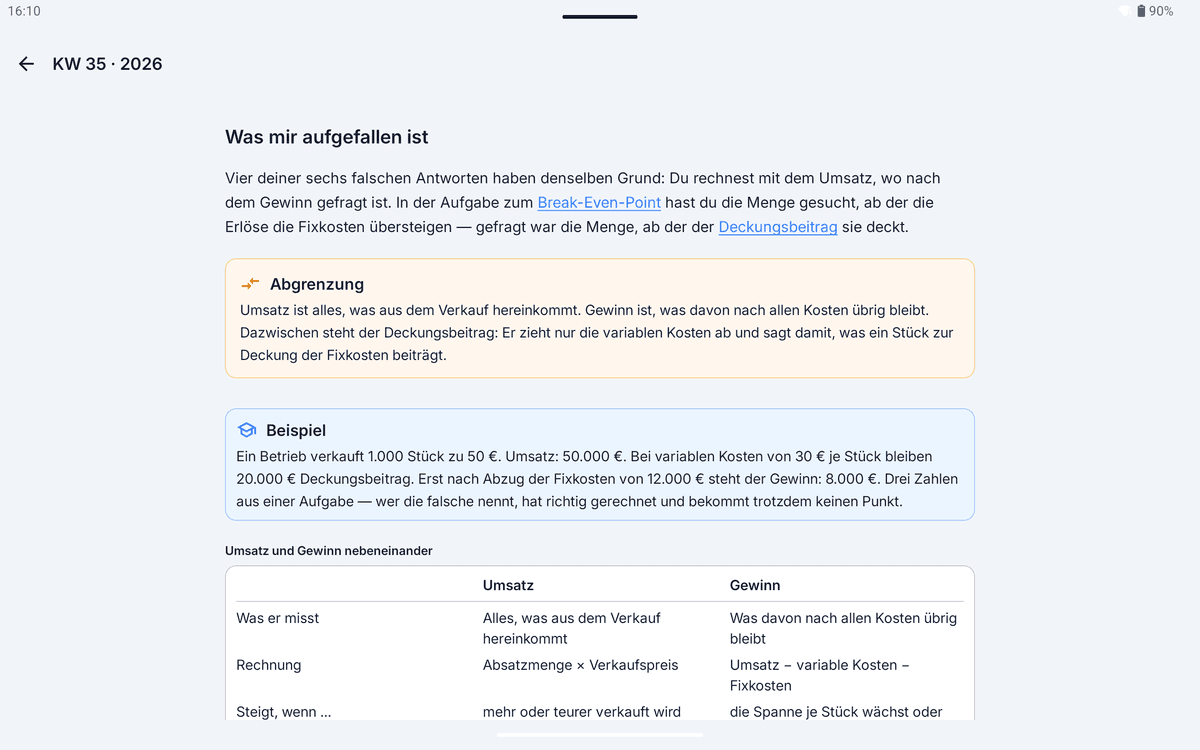 App-Screenshot auf dem Tablet im Querformat: dieselbe Analyse mit der Gegenüberstellung von Umsatz und Gewinn als Tabelle mit den Zeilen „Was er misst“, „Rechnung“ und „Steigt, wenn …“