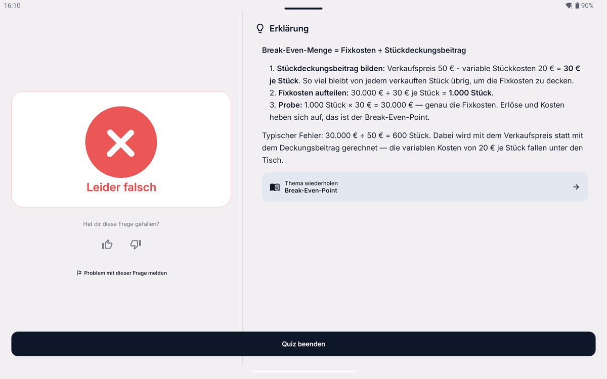 App-Screenshot: Erklärung zum Break-Even-Point mit vollständigem Rechenweg in drei Schritten und dem Hinweis auf den typischen Fehler