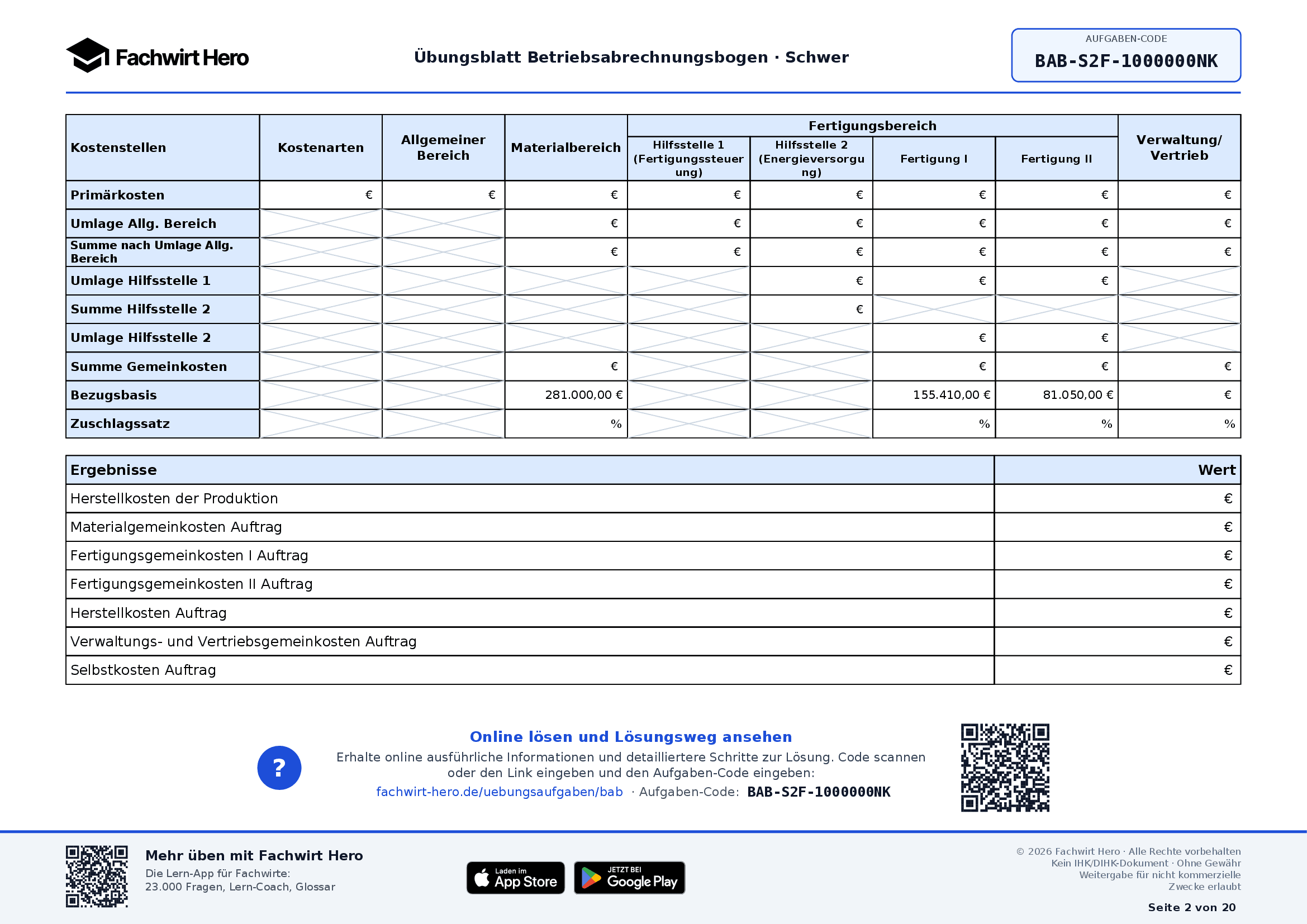 Kostenloses BAB-Aufgabenblatt im Querformat mit leerem Betriebsabrechnungsbogen