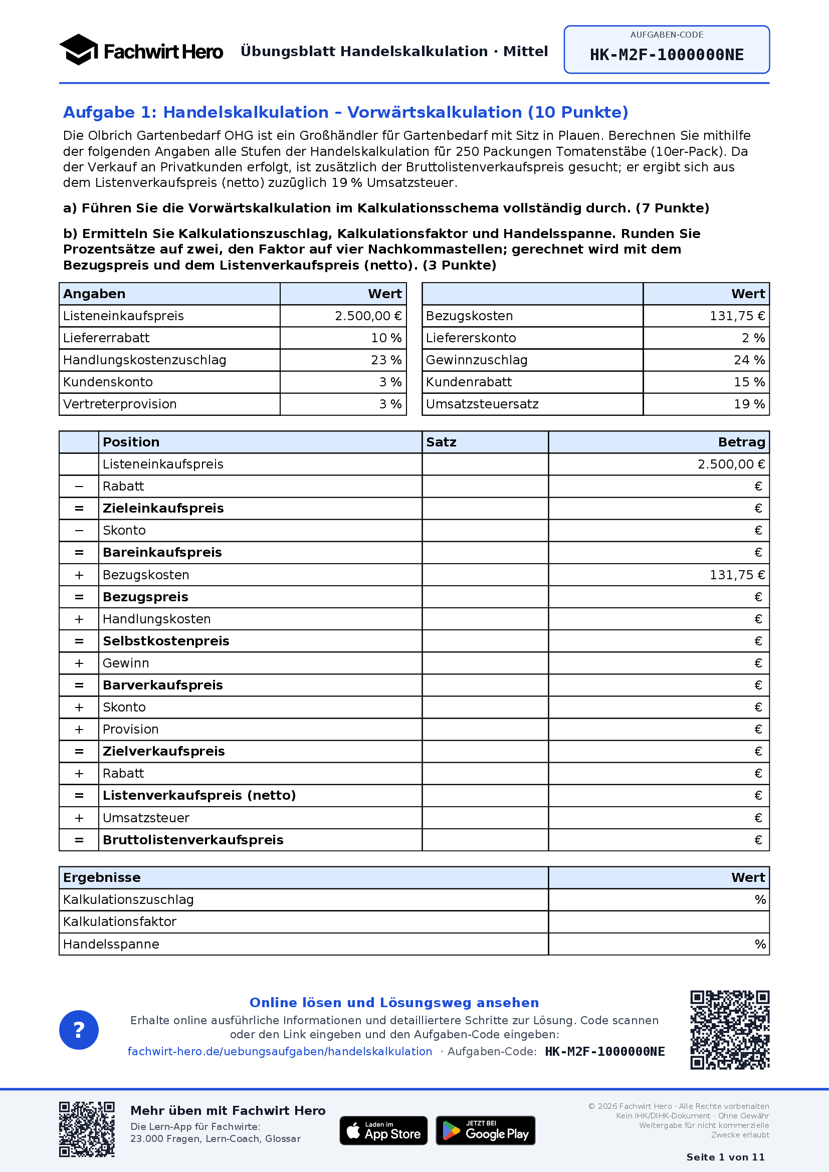 Kostenloses Aufgabenblatt zur Handelskalkulation mit Aufgabentext, Angaben und Kalkulationsschema