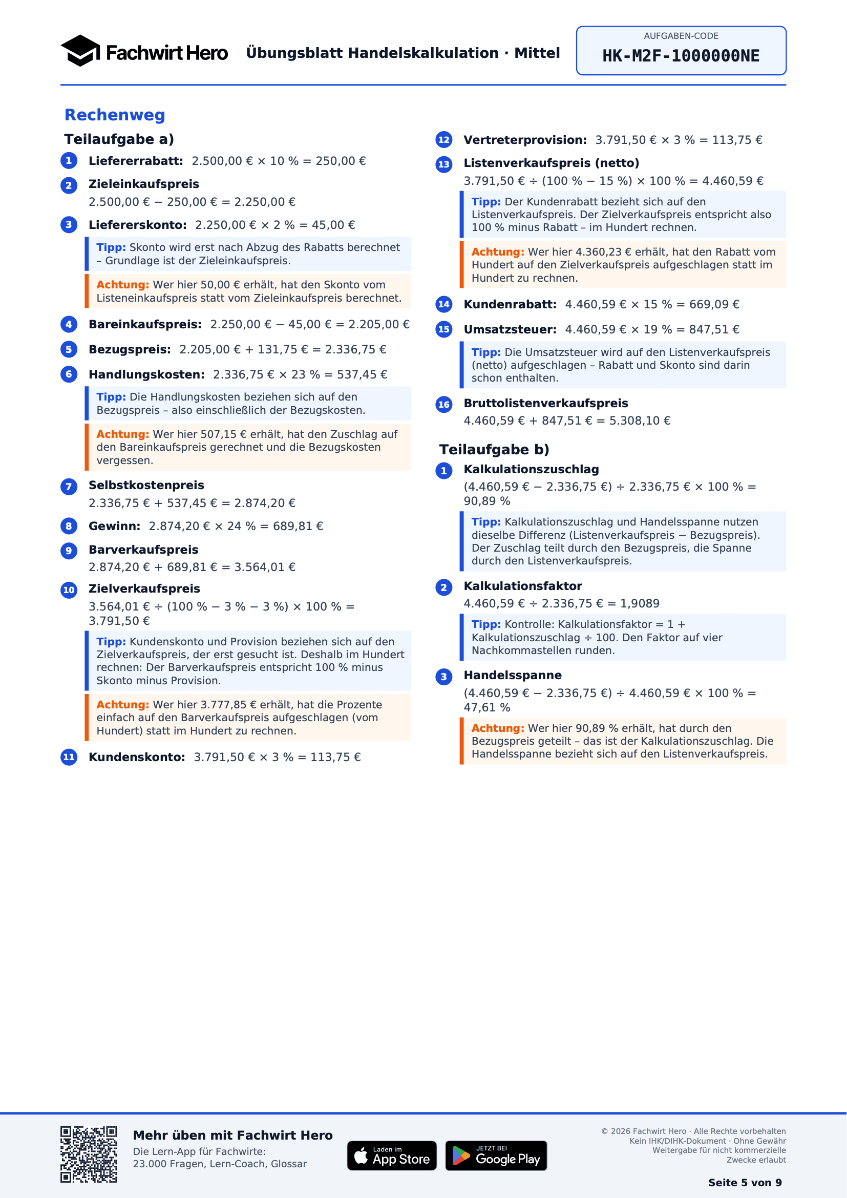 Lösungsweg aus dem PDF: nummerierte Rechenschritte mit Tipp- und Achtung-Hinweisen